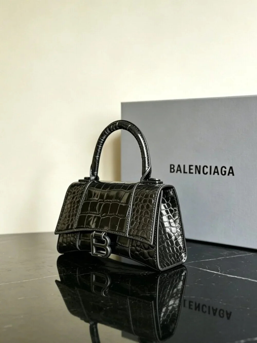 Balenciaga Hourglass XS Black Crocodile Embossed Handbag